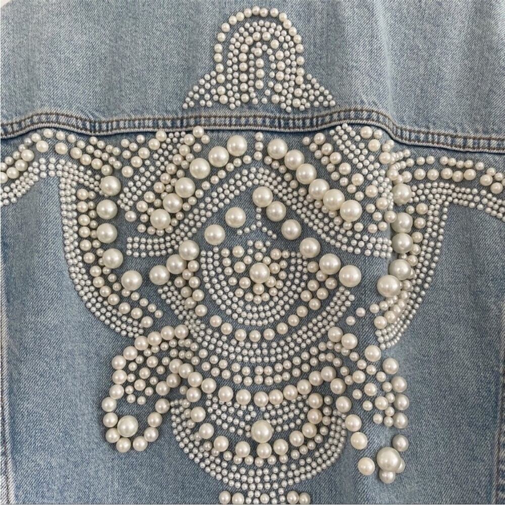 Sandro Pearl Embellished Oversized Distressed Denim Jean Jacket Size small - Picture 8 of 16